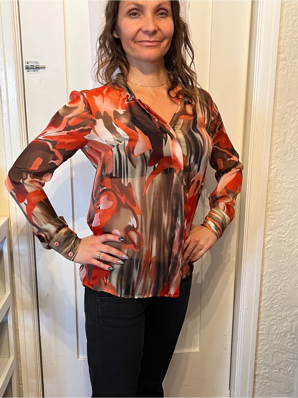 Black Halo Red & Brown Abstract Silk Button-Front Blouse